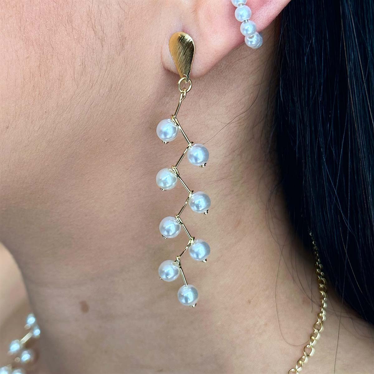 Conjunto Brinco + Colar + Pulseira Pérolas Ouro 18k Jú Folhe Semijoia Ouro 18k Pérolas