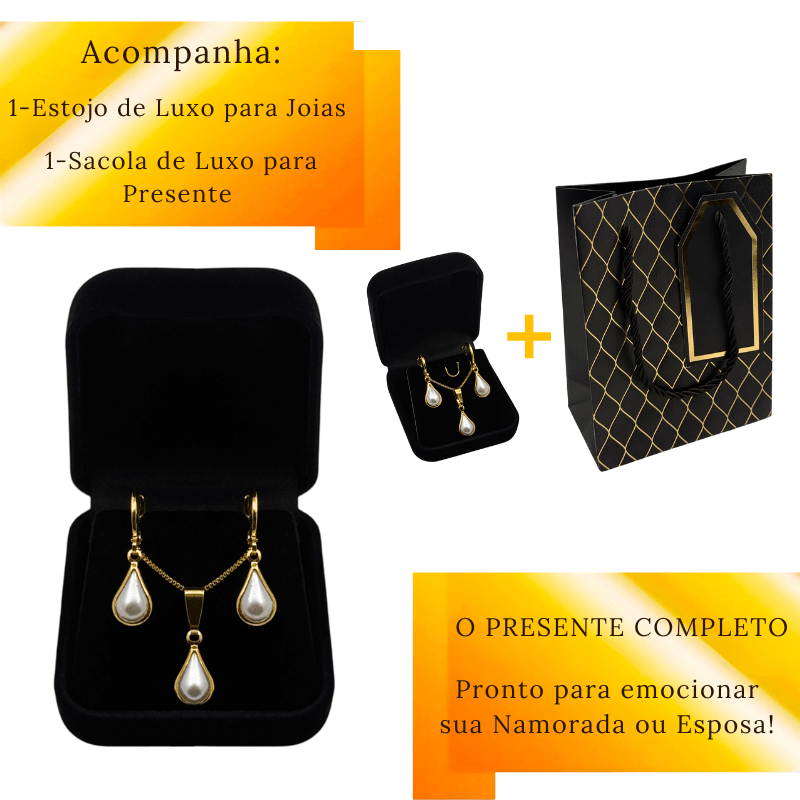 CONJUNTO COLAR + BRINCOS GOTAS EM PEROLAS EM SEMIJOIAS