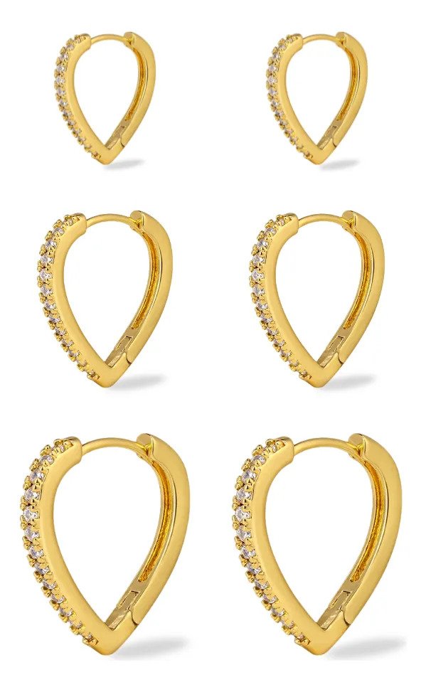 Kit Trio de Argolas CoraÃ§Ã£o JÃº Folheados - Kit 3 Pares Brincos Banhado Ouro 18k Cravejado ZircÃ´nia Mix de Furos P M 