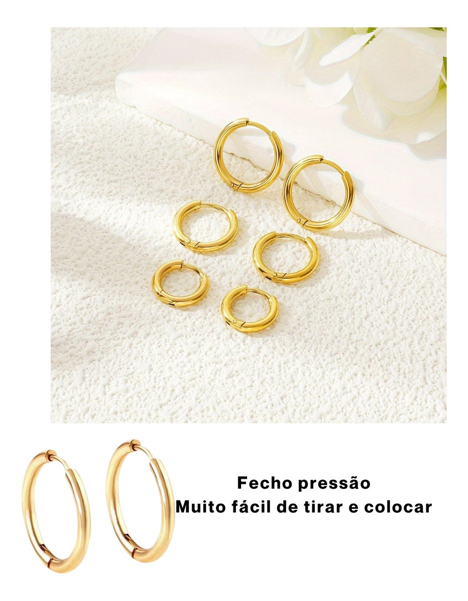 Kit Trio Argolas 3 Pares Folheado Ouro 18k Feminino Dourado