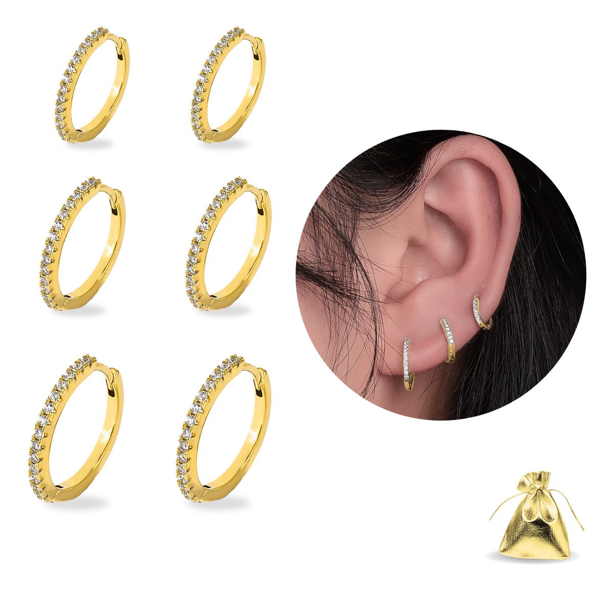 Kit Trio Argolas Cravejada Zircônia Semijoias Banhada A Ouro