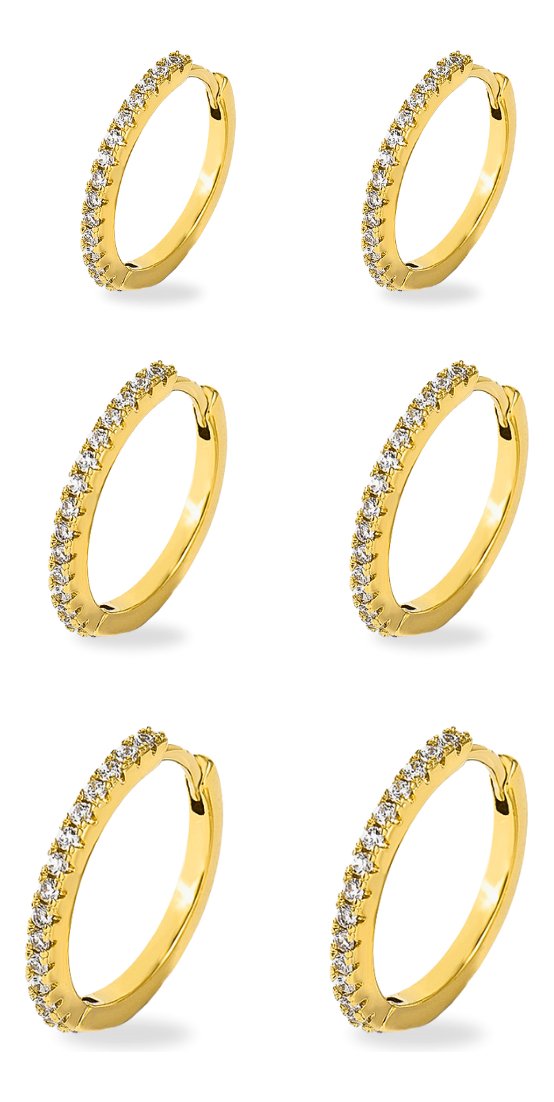 Kit Trio Argolas Cravejada Zircônia Semijoias Banhada A Ouro