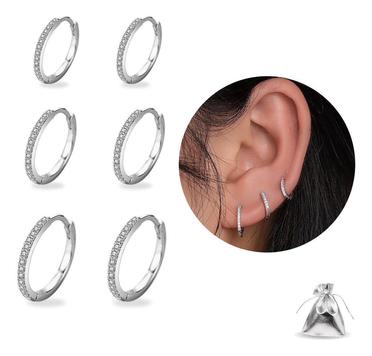 Kit Trio Argolas Cravejadas Zircônia Semijoias Banhadas À Prata 925 Luxo