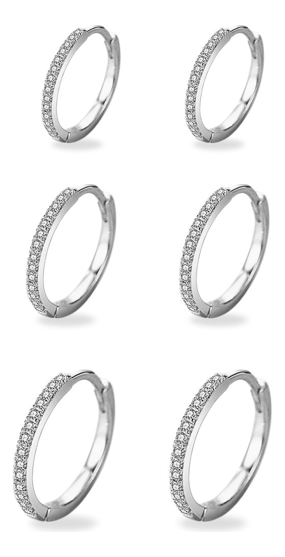 Kit Trio Argolas Cravejadas Zircônia Semijoias Banhadas À Prata 925 Luxo