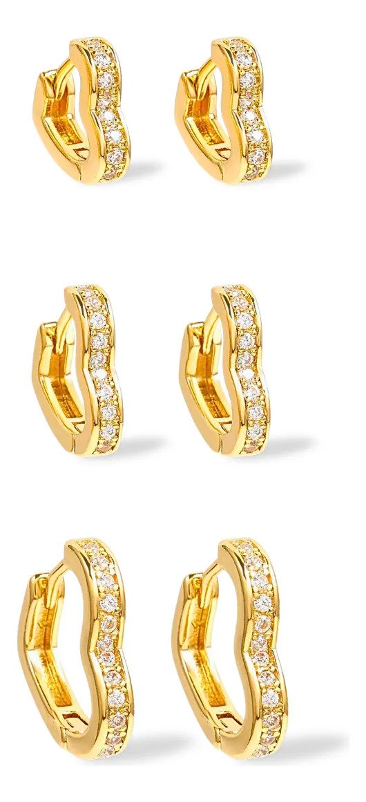 Trio de Brincos Argolas Coração Zircônias Banhadas Ouro 18k
