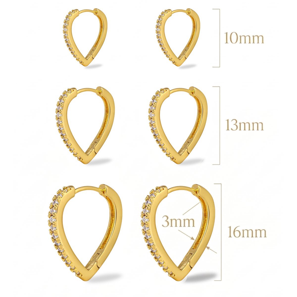 Kit Trio Argola Coração Crav. Zircônia Semijoia Banhada Ouro