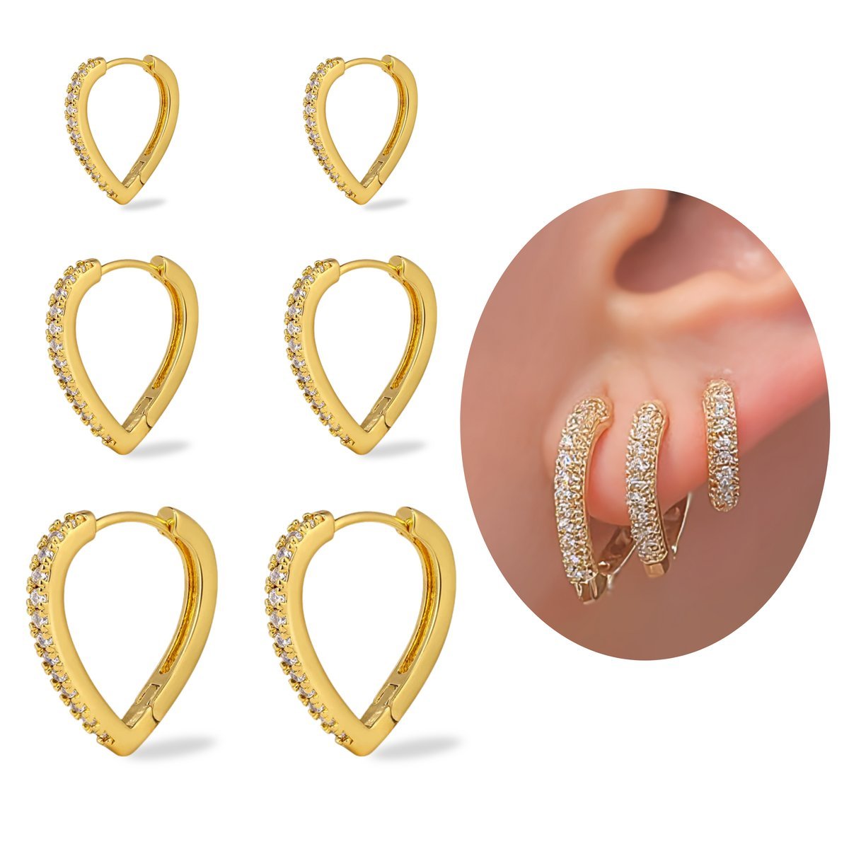 Kit Trio Argola Coração Crav. Zircônia Semijoia Banhada Ouro