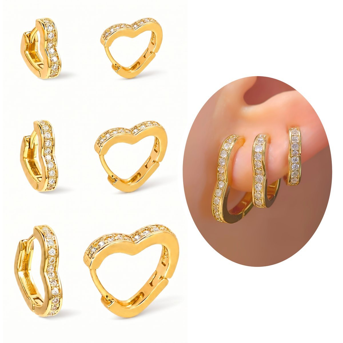 Trio Brinco Argola Crav. Banhados Ouro 18k Coração Feminino