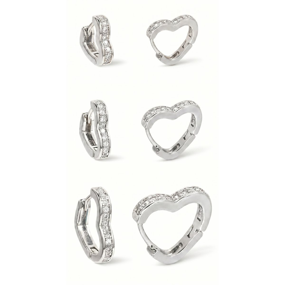 Trio de Brincos Argolas Coração Zircônias Banhadas Ouro 18k