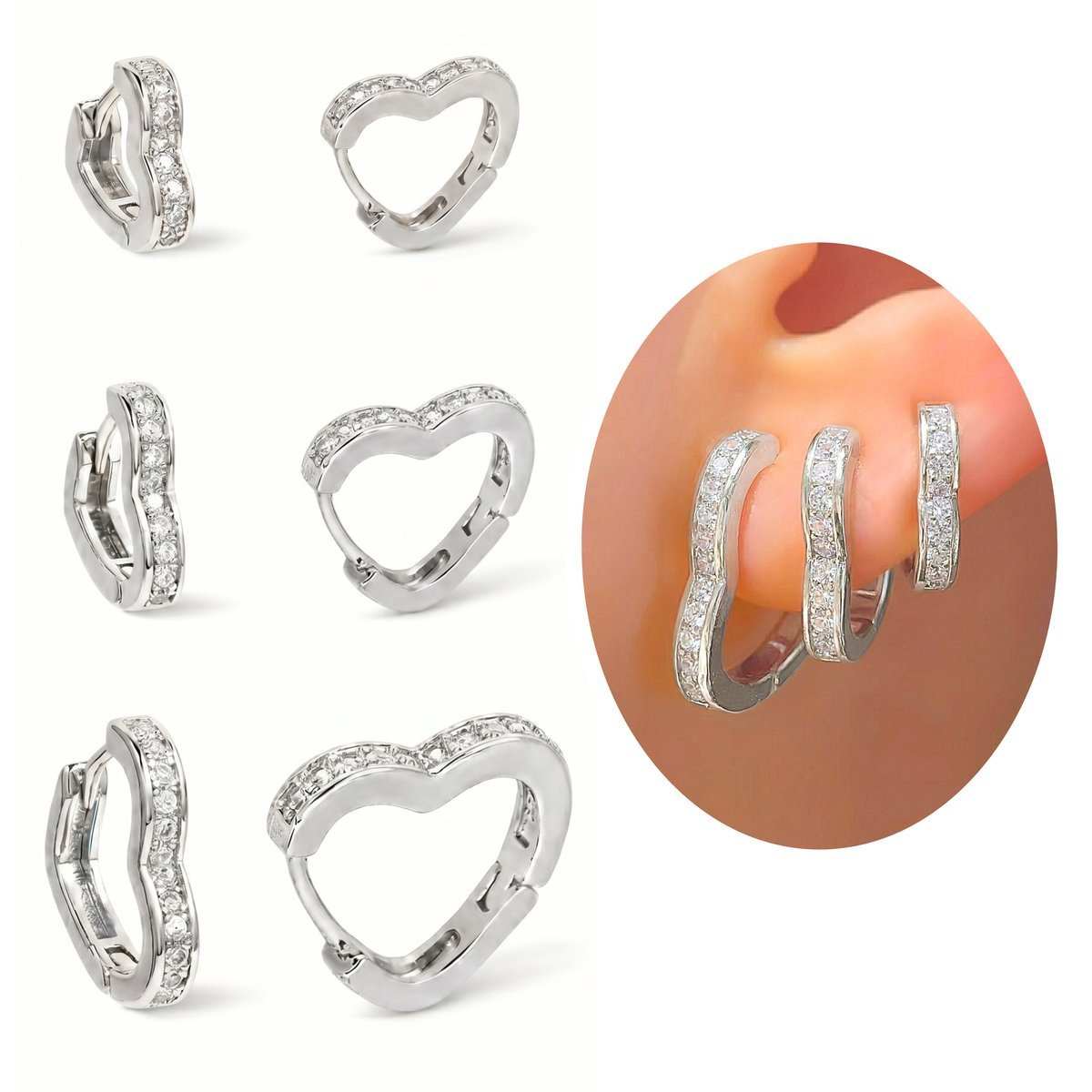 Trio de Brincos Argolas Coração Zircônias Banhadas Ouro 18k